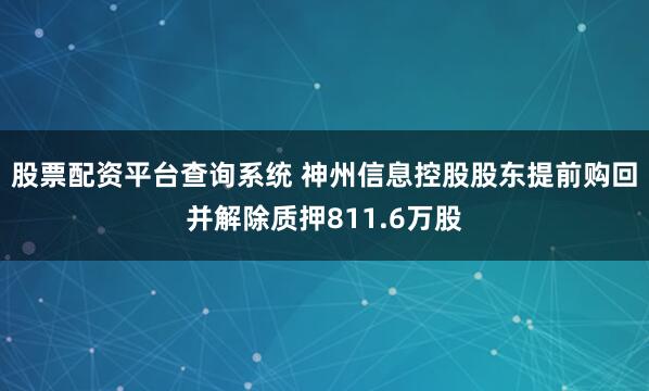 股票配资平台查询系统 神州信息控股股东提前购回并解除质押811.6万股